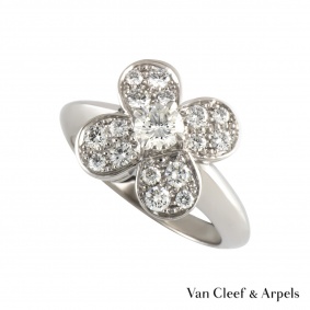 Van Cleef & Arpels 18k White Gold Diamond Set Alhambra Ring Size 49
